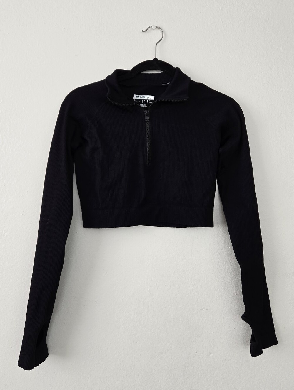 Forever 21 Black Ribbed Cropped Quarter-Zip Top